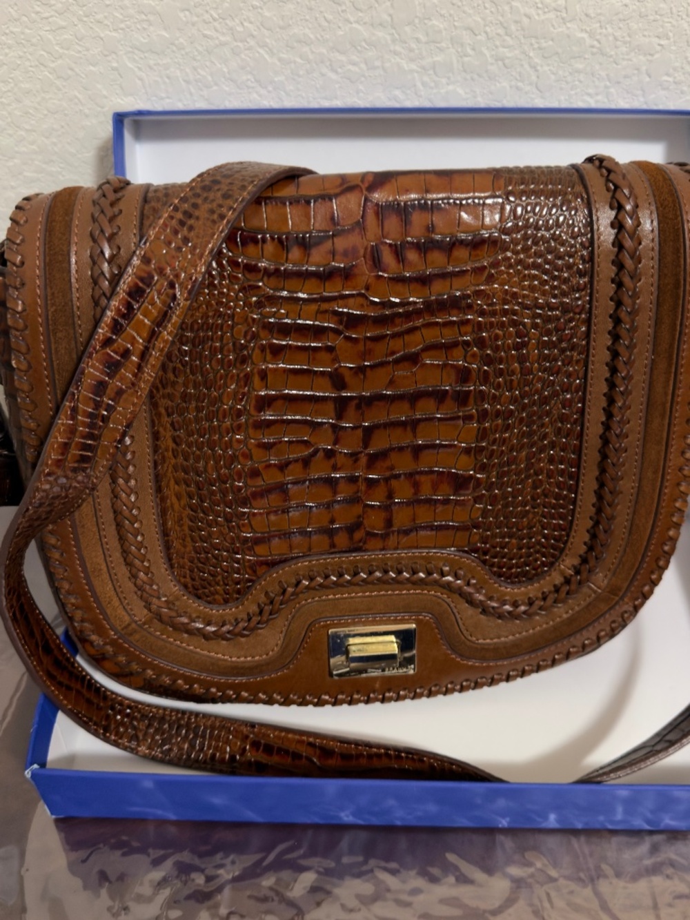 Brahmin Brown Croc Embossed Leather Shoulder Crossbody Bag Gold Hardware
